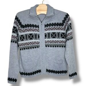 London Fog Big & Tall Fair Isle Zip‎ Up Sweater Cardigan Gray Acrylic Knitwear